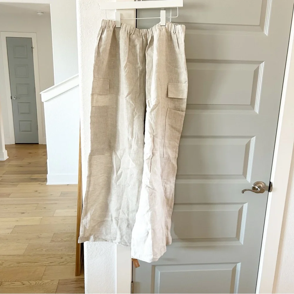 Wide Leg Drawstring Linen-Blend Pants in Beige